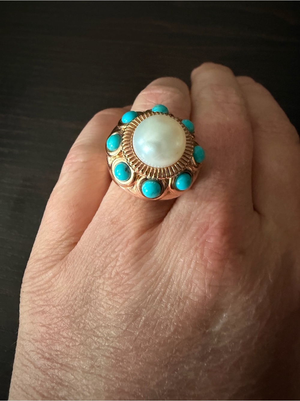 Bronze Italy Gold-Tone Ring with White Mother-of-Pearl Center and Turquoise